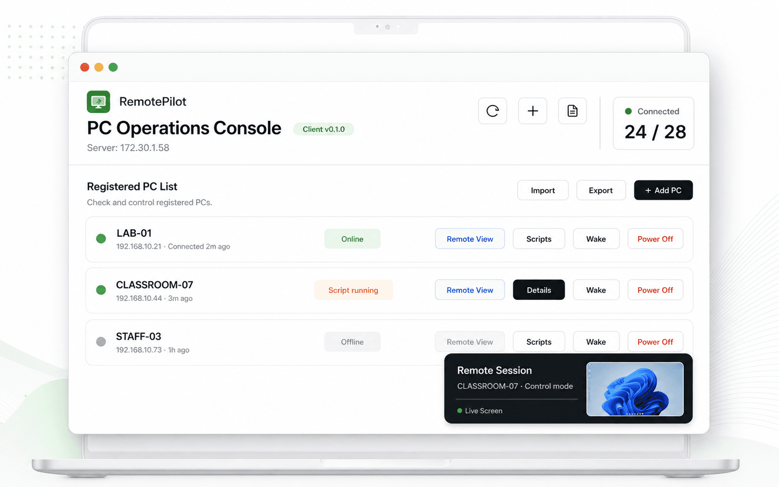RemotePilot admin console showing registered PCs and a remote session panel