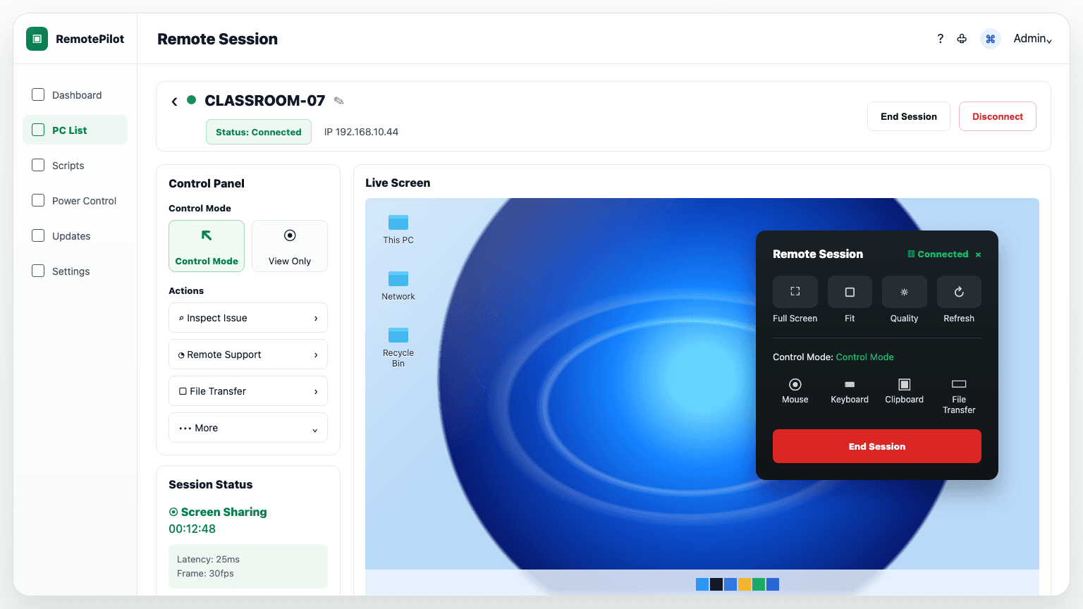 RemotePilot remote session screen showing live screen control